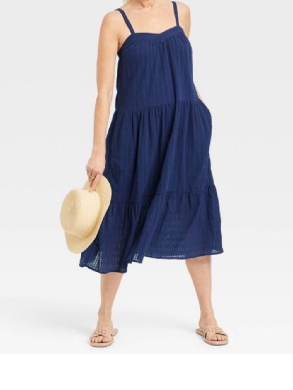 Knox Rose Navy Tiered Midi Gauze Lined Sundress with Pockets XXL Coastal
